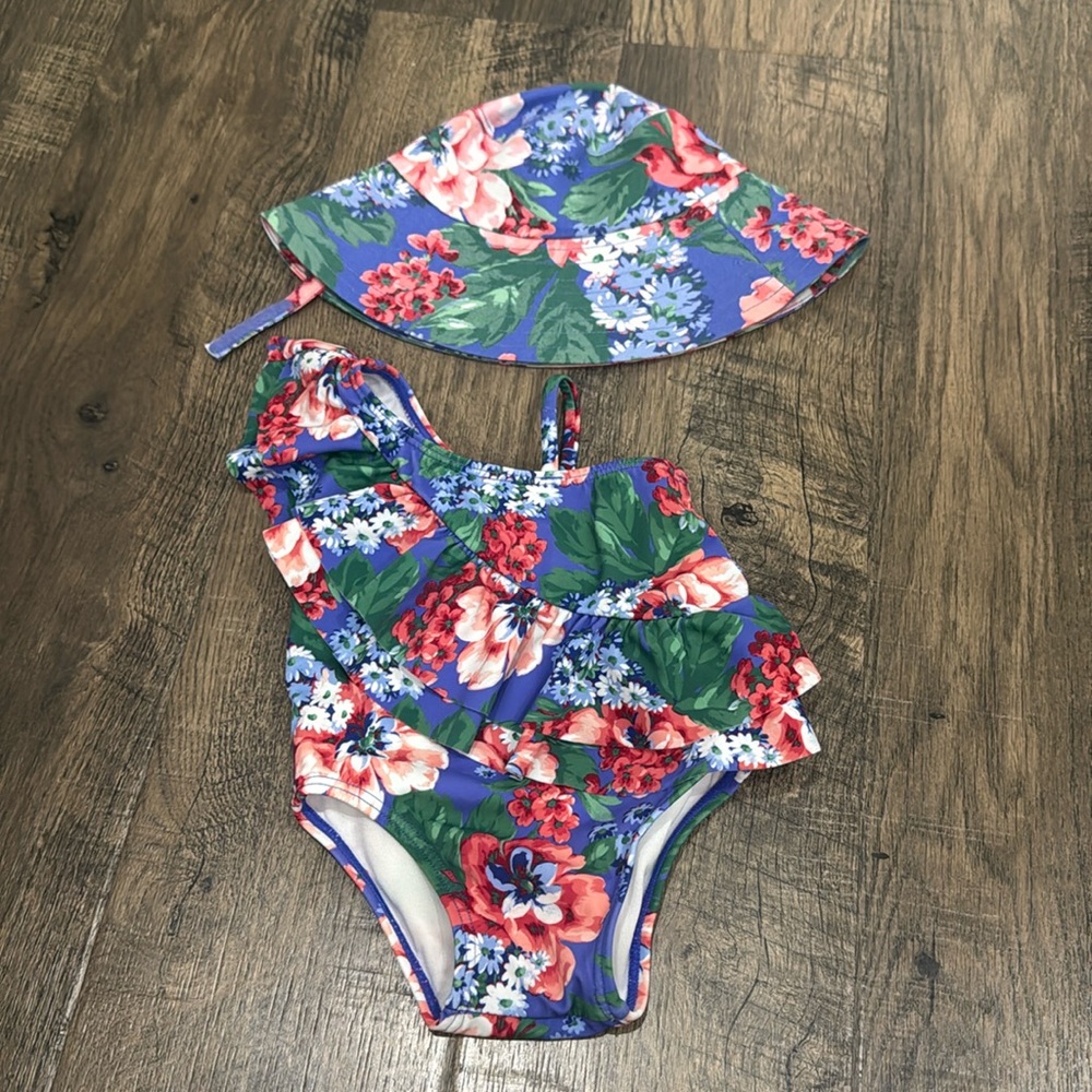 Janie and Jack Recycled Floral Ruffle Shoulder Swimsuit in Blue & Sun Hat